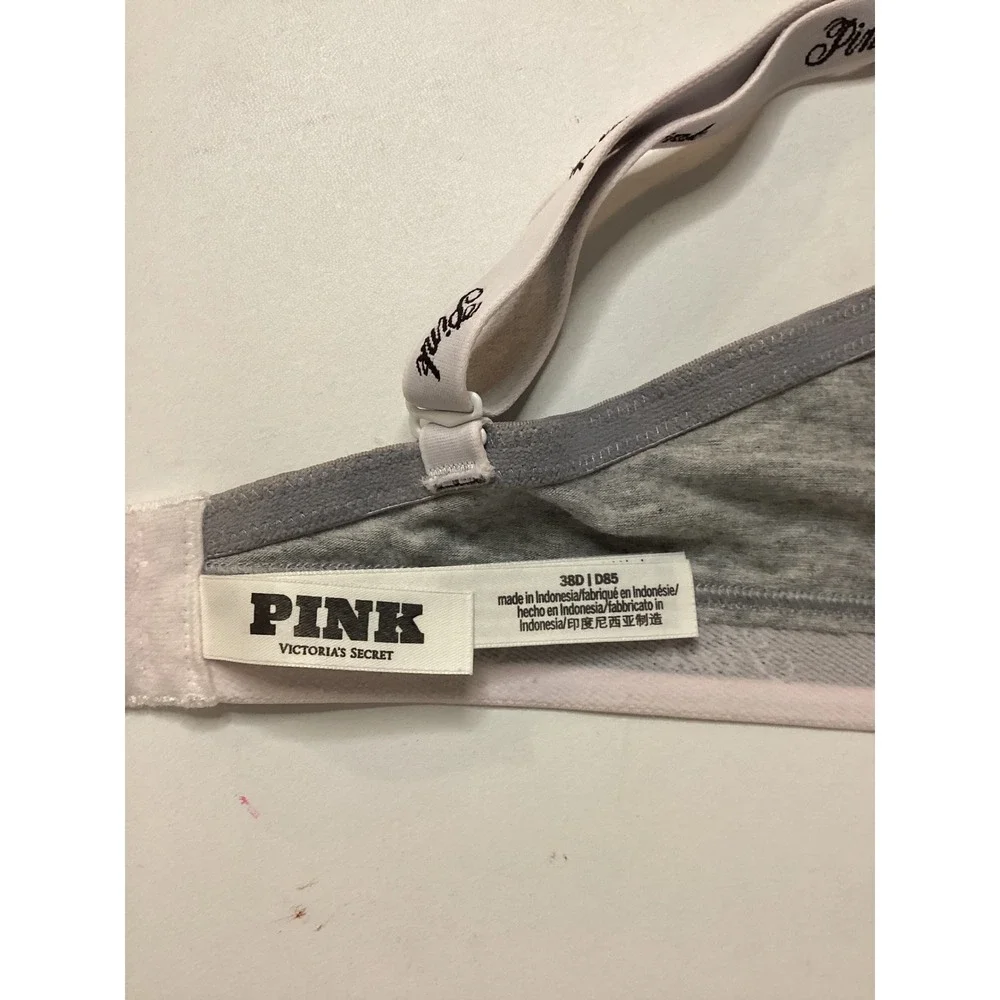 Victorias Secret‎ PINK Wear Everywhere T-Shirt Bra Gray Logo Band 38D Underwire